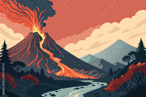 A dynamic poster showcasing a massive volcano erupting with brilliant glowing lava flows against a dramatic twilight sky.