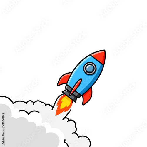 Cartoon rocket launching with smoke trail whimsical style space exploration concept