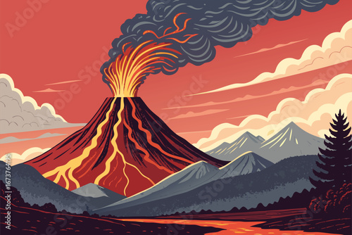 Realistic poster depicting a powerful erupting volcano with vibrant, glowing lava flows cascading down.