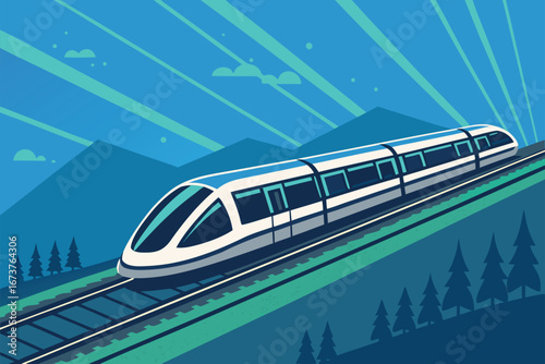 A vibrant, high-tech poster showcasing a sleek, levitating hyperloop capsule suspended mid-air.