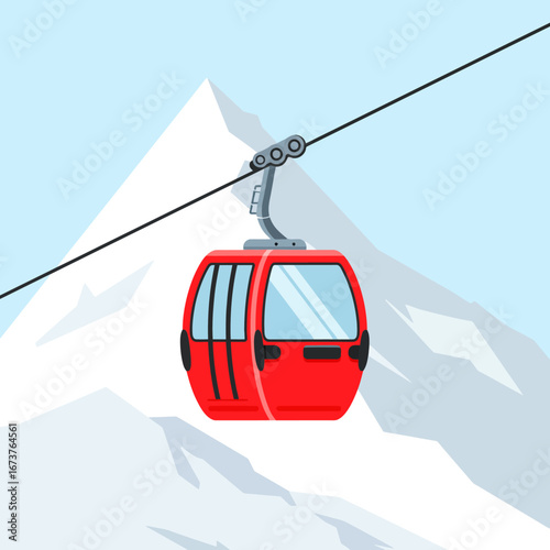 Red cable car against snowy mountain peak winter scene transportation concept