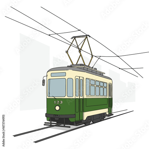 Green tram vintage style on rails city transport retro travel