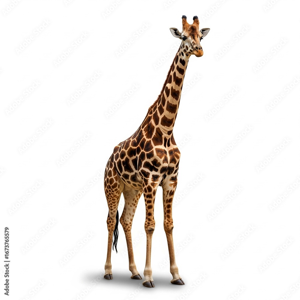 Obraz premium A giraffe, a tall wild mammal with a long neck, standing isolated on a white background