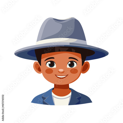 Smiling young person portrait with a stylish hat, dressed in a blue jacket for character design, avatar or illustration