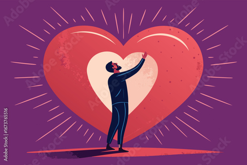 A captivating poster depicting a colossal, radiant heart tenderly embracing a solitary human silhouette.