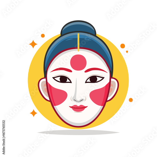 Stylized Traditional Mask Face with Bold Makeup and Yellow Circle Background