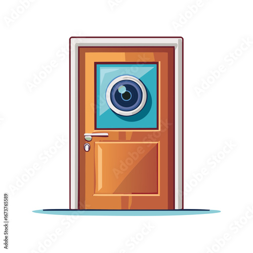 Ajar Wooden Door with Camera Lens Peeking Through the Window Illustration