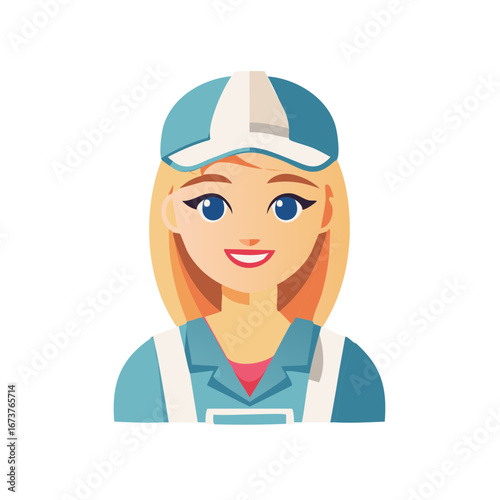 Illustration of a Blond Woman with Blue Eyes Wearing a Cap and Blue Uniform Top Smiling