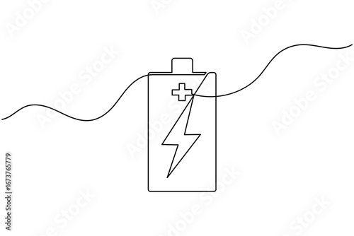 Charging battery icon continuous one line drawing with lightning bolt on white background
