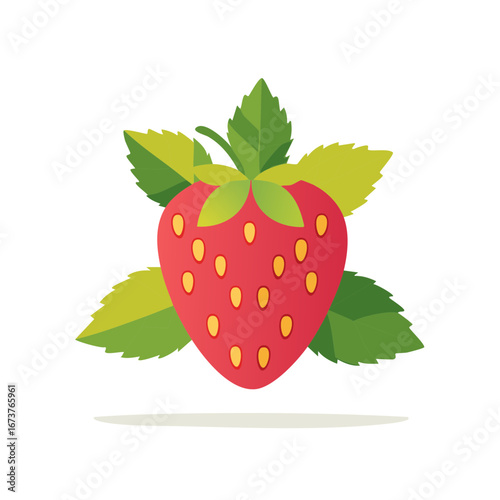 Red Strawberry with Green Leaves Still Life, Food Photography, Minimalist Flat Lay