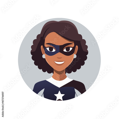 Smiling African American woman superhero character avatar with eye mask and star emblem