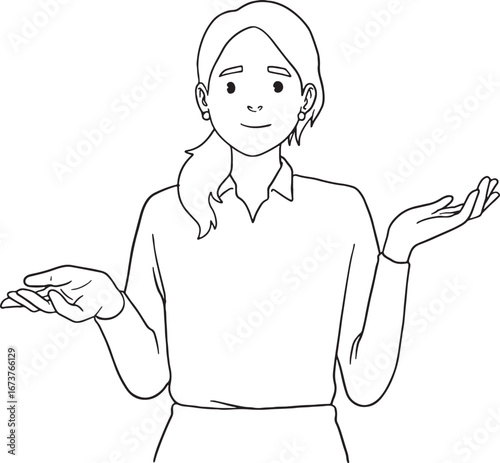 A woman with open hands and a friendly, welcoming expression. Hand-drawn vector illustration. Ideal for concepts of offering, receiving, presenting, or showing something with a positive attitude.