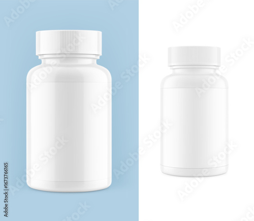 Plastic bottle mockup. Can be used for medical, sport nutrition. Vector illustration isolated on white and colour background. Ready for your design. EPS10.