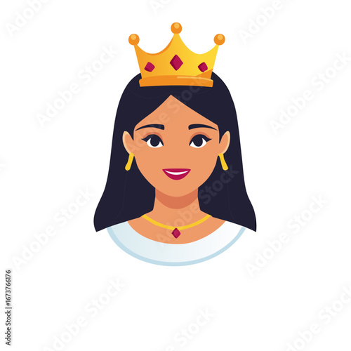Smiling woman character with gold crown and jewelry. Beautiful cartoon princess portrait with dark hair and diamond accessories