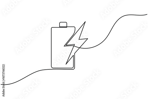 Charging battery icon continuous one line drawing with lightning bolt on white background
