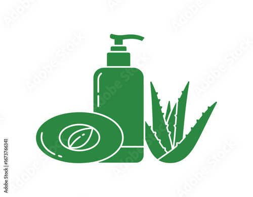 Beauty treatment icon. Bath and body products featuring aloe extract. Soap designed for thorough cleansing. Aloe vera beauty products idea. Solid filled symbol. Isolated vector illustration.
