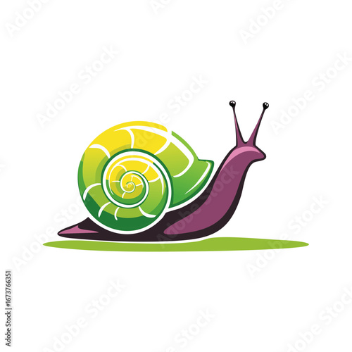Stylized illustration of a snail with a colorful shell, crawling on grass.