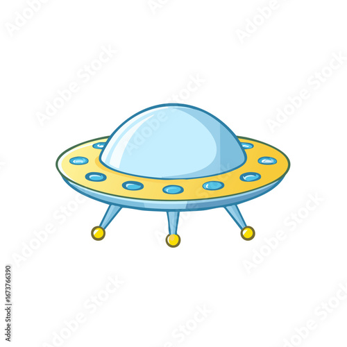 Flying saucer cartoon illustration, futuristic space ship, UFO with dome
