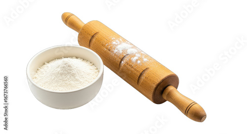 wooden rolling pin and flour bowl rustic baking scene, homebaked goodness