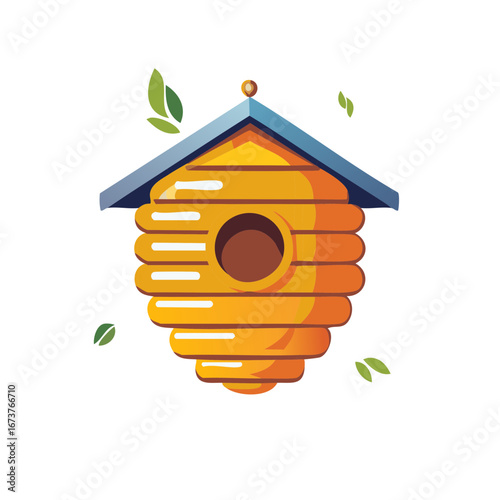 Stylized Beehive with Leaves and Blue Roof