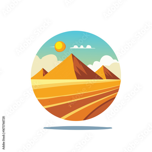 Stylized illustration of desert pyramids under a bright sun with clouds and blue sky