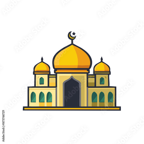 Vector illustration of a mosque building with golden domes and crescent moon symbol