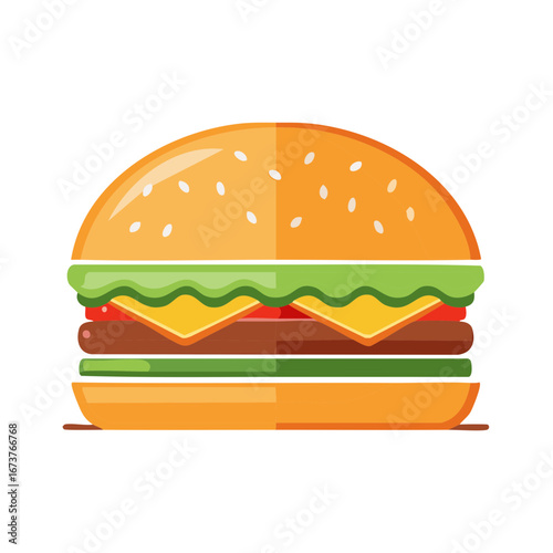 Delicious burger illustration with sesame seeds, lettuce, cheese, and tomato layers.