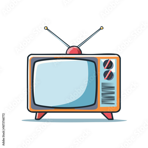 Vibrant vintage television set with rabbit ear antenna and control knobs, a classic retro entertainment illustration