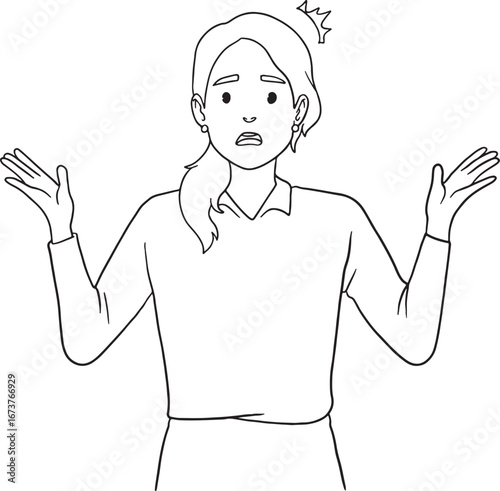 A woman shrugging her shoulders with a shocked and confused expression, indicating she has no idea what is going on. Hand-drawn vector illustration. Ideal for concepts of surprise, confusion.