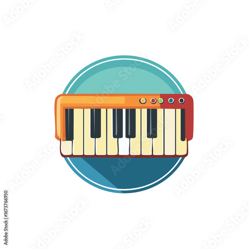 Colorful electronic keyboard with round buttons and a teal circle frame