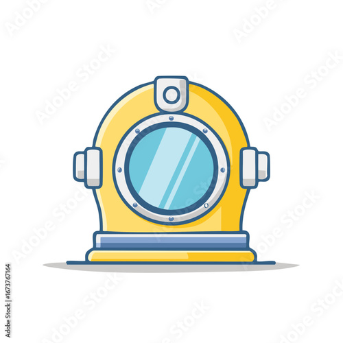 Yellow cartoon vintage diving helmet illustration for underwater exploration and deep sea adventure graphic