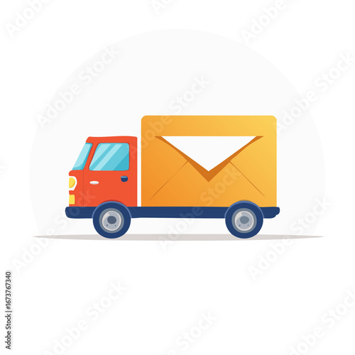 Cartoon Delivery Truck Transporting an Envelope Mail Message for Communication Services