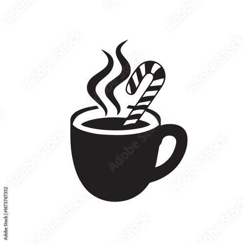 Vector art of black silhouette of a cup of hot chocolate with a candy cane and steam