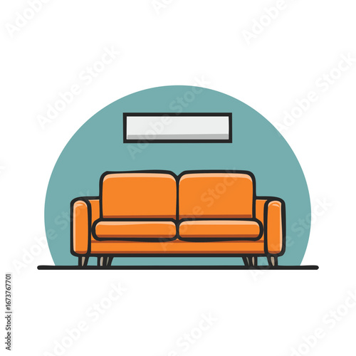 Illustration of Orange Sofa with Picture Frame Against a Blue Wall Interior Design