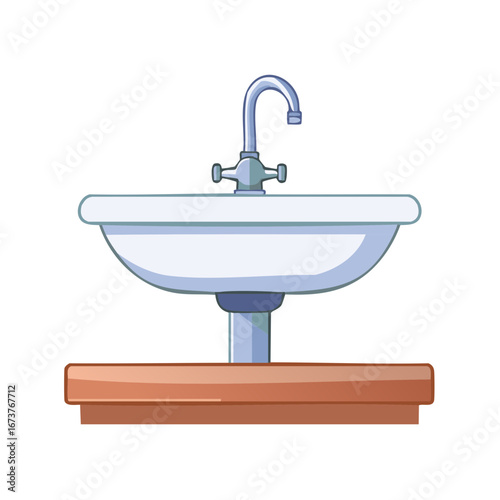 Cartoon style white bathroom sink with modern chrome faucet and wooden countertop illustration