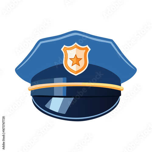 Blue police hat with badge emblem, cartoon style illustration.