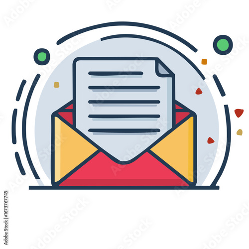 Open Envelope with Letter Inside, Colorful Illustration with Decorative Elements for Communication and Notifications
