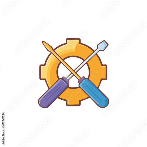 Gear symbol with crossed screwdrivers tools in a repair or engineering illustration