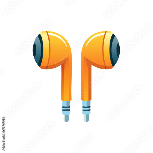 Pair of orange earphones, audio equipment, listening device, podcast and audiobook concept