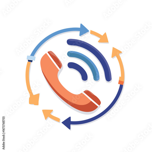 Modern telephone handset with signal waves and circular arrows representing communication