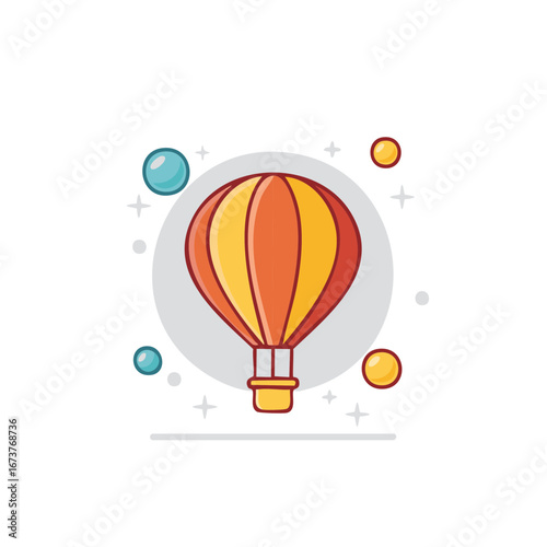 Stylized hot air balloon with orbiting planets and stars, vibrant and cheerful design