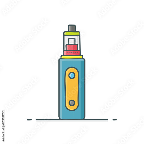 Illustration of blue e-cigarette with yellow accent on white background.