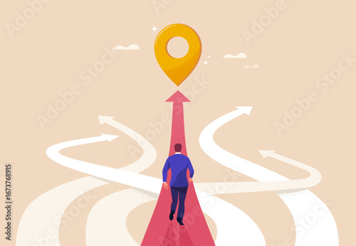 Right Business Way Concept. Vector cartoon illustration of many roads leading in different directions, one path leading to a goal with a final golden mark along which a businessman goes.