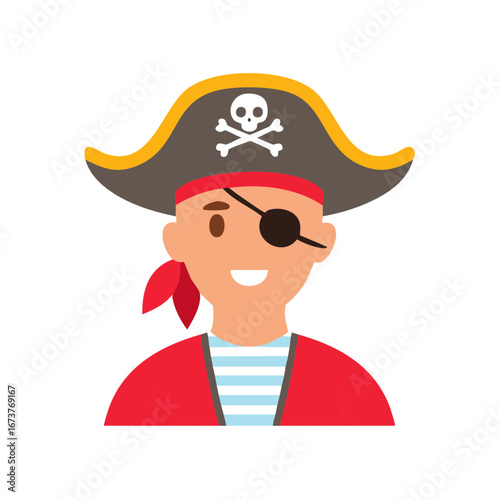 Cartoon pirate character with eye patch, tricorn hat, and red bandana