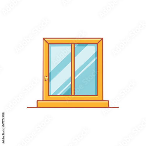 Simple cartoon style illustration of a closed sliding window with yellow frame and blue glass