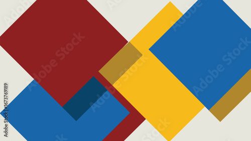 Abstract geometric background with overlapping squares in red blue and yellow hues