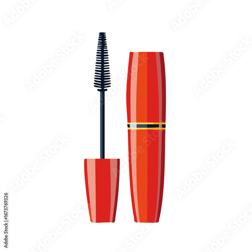 Isolated vector illustration of vibrant orange mascara wand and bottle for cosmetic eye makeup