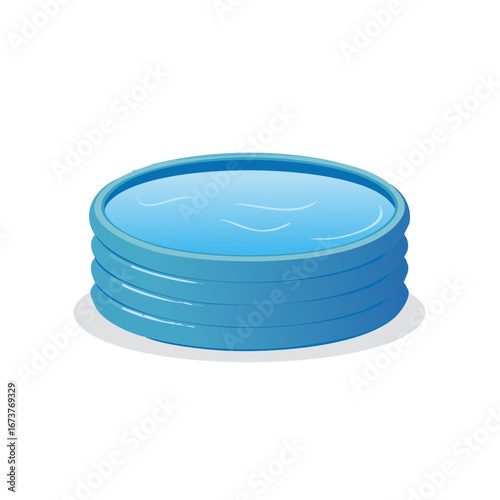 Round blue inflatable swimming pool filled with clean water and rippling surface