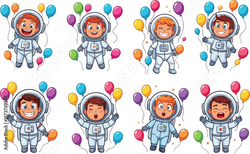 Happy cartoon astronauts holding colorful balloons, playful kids in space suits floating with balloons, joyful space explorers celebrating with balloons.
