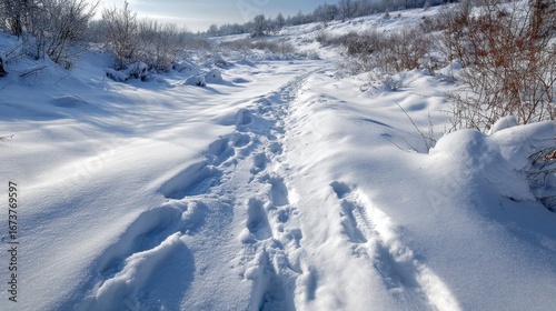 Snowy footprints in winter landscape